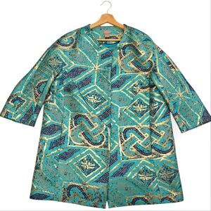 NWOT Chico's Turquoise Teal and Gold Patterned Coat Jacket Size 16-18